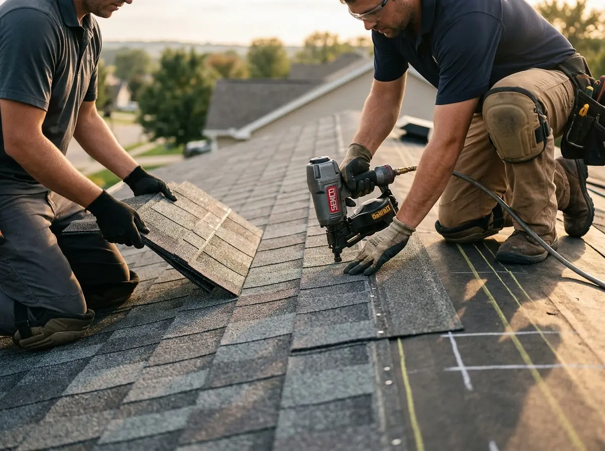 Professional roofer working on a residential roof in Ellicott City